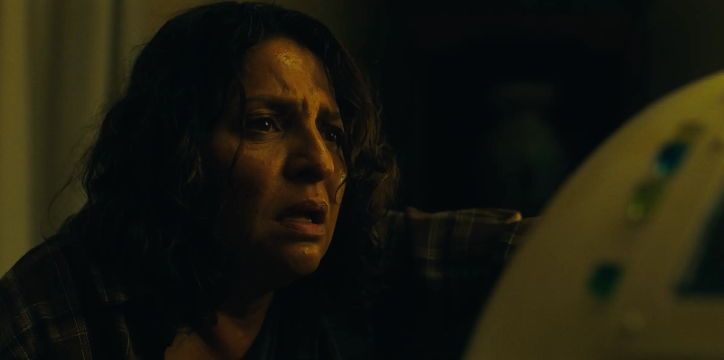 A woman’s face, half in shadow, during the storm.